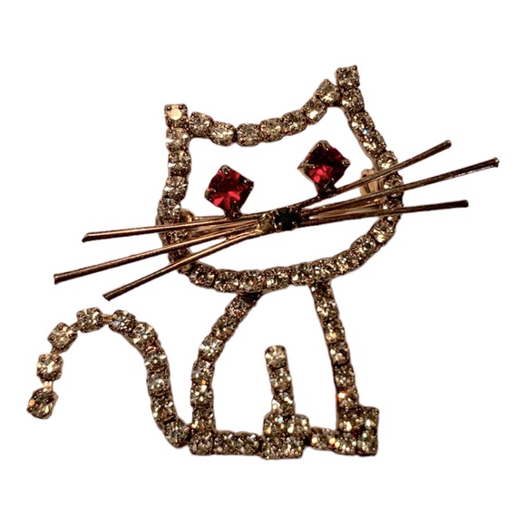 Vintage Rhinestone Fused Crystal Cat Red ‘Garnet’ Eyes Metal Whiskers Pin Brooch - Picture 2 of 3